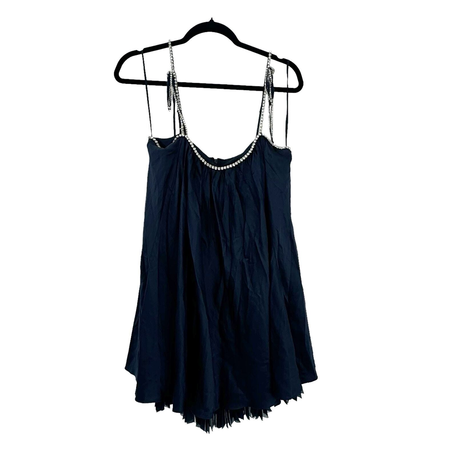 CINQ A SEPT Rhinestones Pleated Hook And Eye Silk Muni Dress Navy Size 8 NWOT