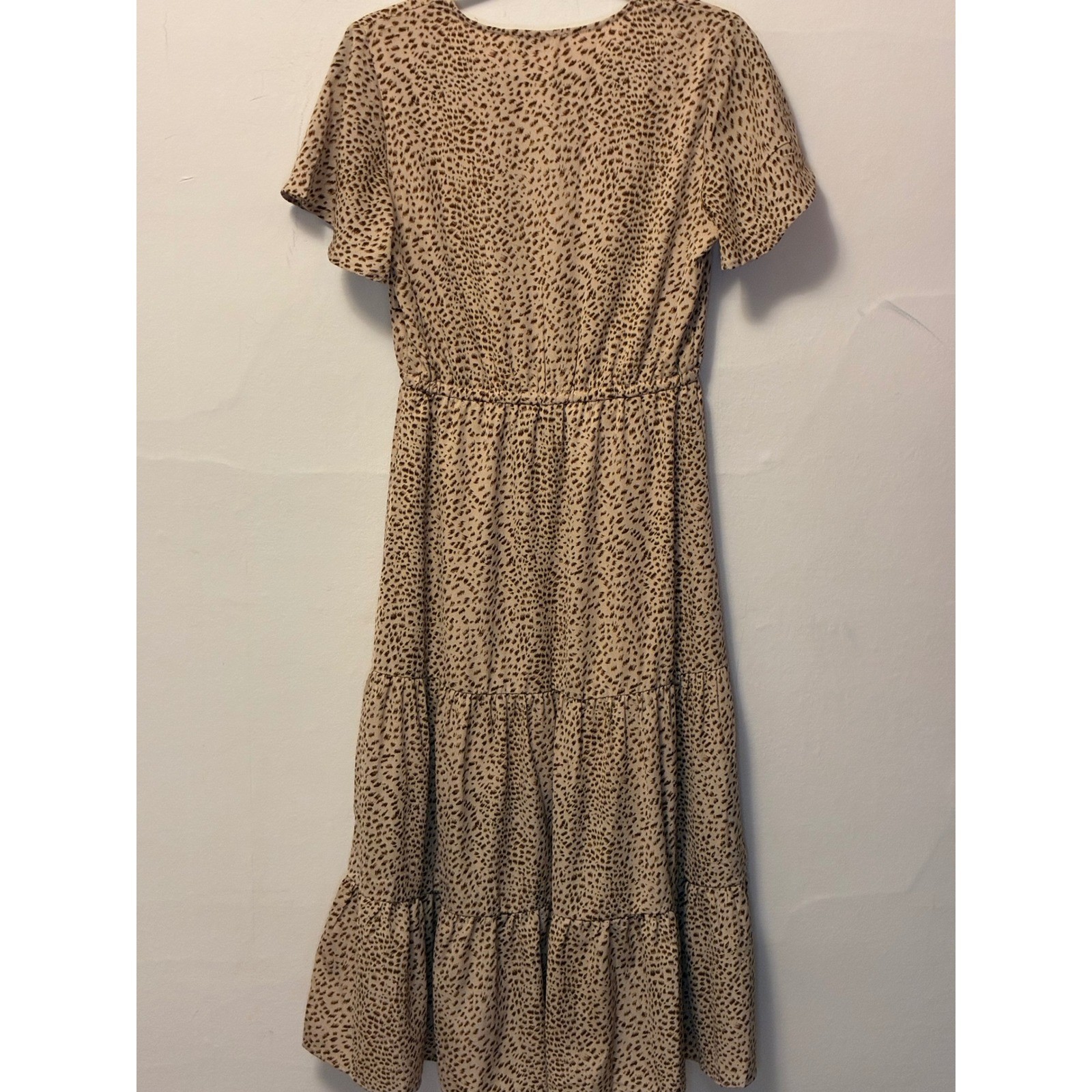 PrettyGarden Leopard Print Maxi Dress V-Neck Tiered Short Sleeve Tan Brown Small