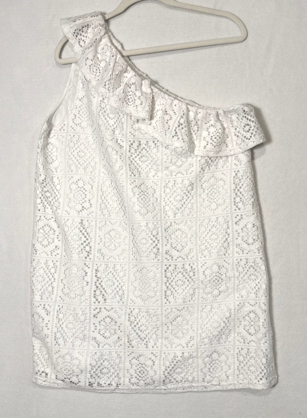 Pink Lily White One Shoulder Ruffle Crochet Lace Mini Dress Sz M Coquette Resort