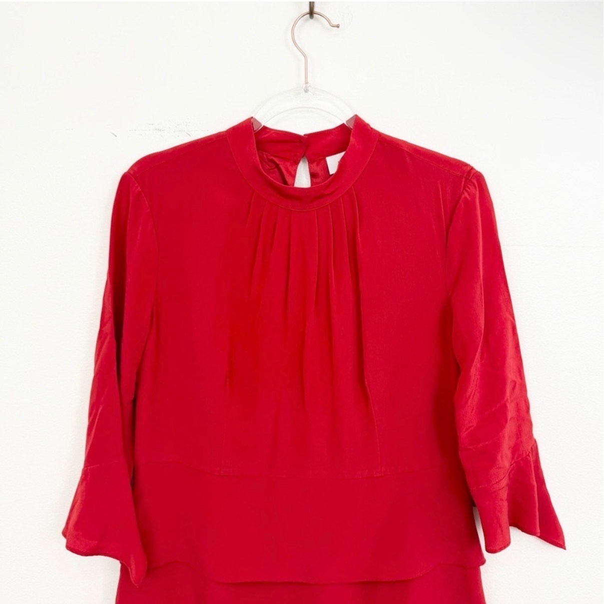 Iris & Ink Red Silk Tiered Midi Dress Size 14 Mock Neck Elegant Occasion