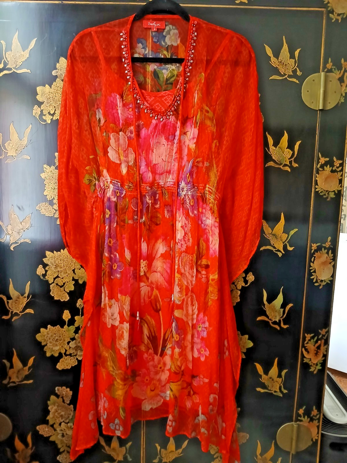 Boho Chic Red Floral Dress with matching slip bought in Italy Size Small US6