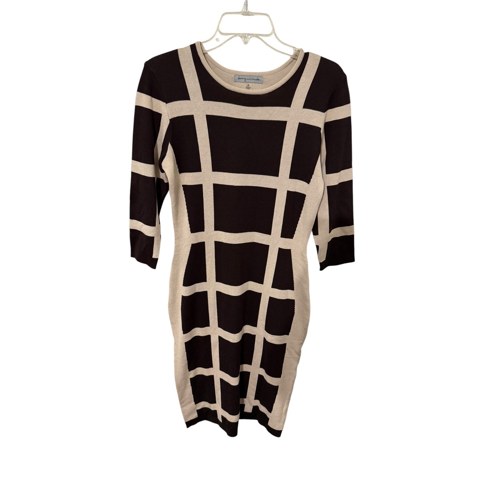 Danny and Nicole Brown Beige Grid Sweater Dress Size M 31061MZ Windowpane Knit