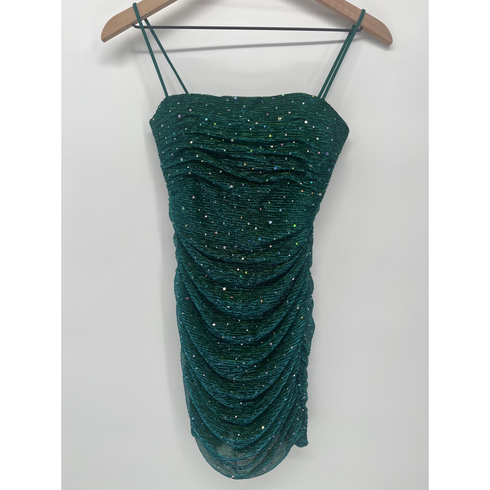 Lulus Mini Dress Womens 2 Green Ruched Rhinestone Glitter Party Bodycon