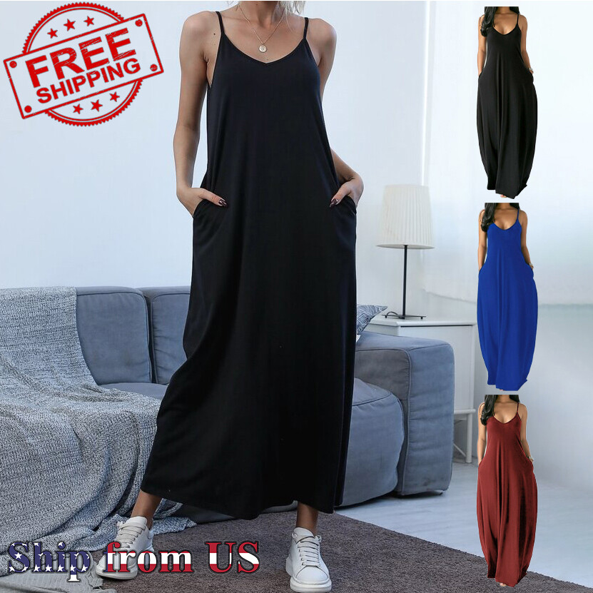 ON SALE!! Casual Beach V-Neck Soft Jersey Cami Long Maxi Tank Dress With Pocket