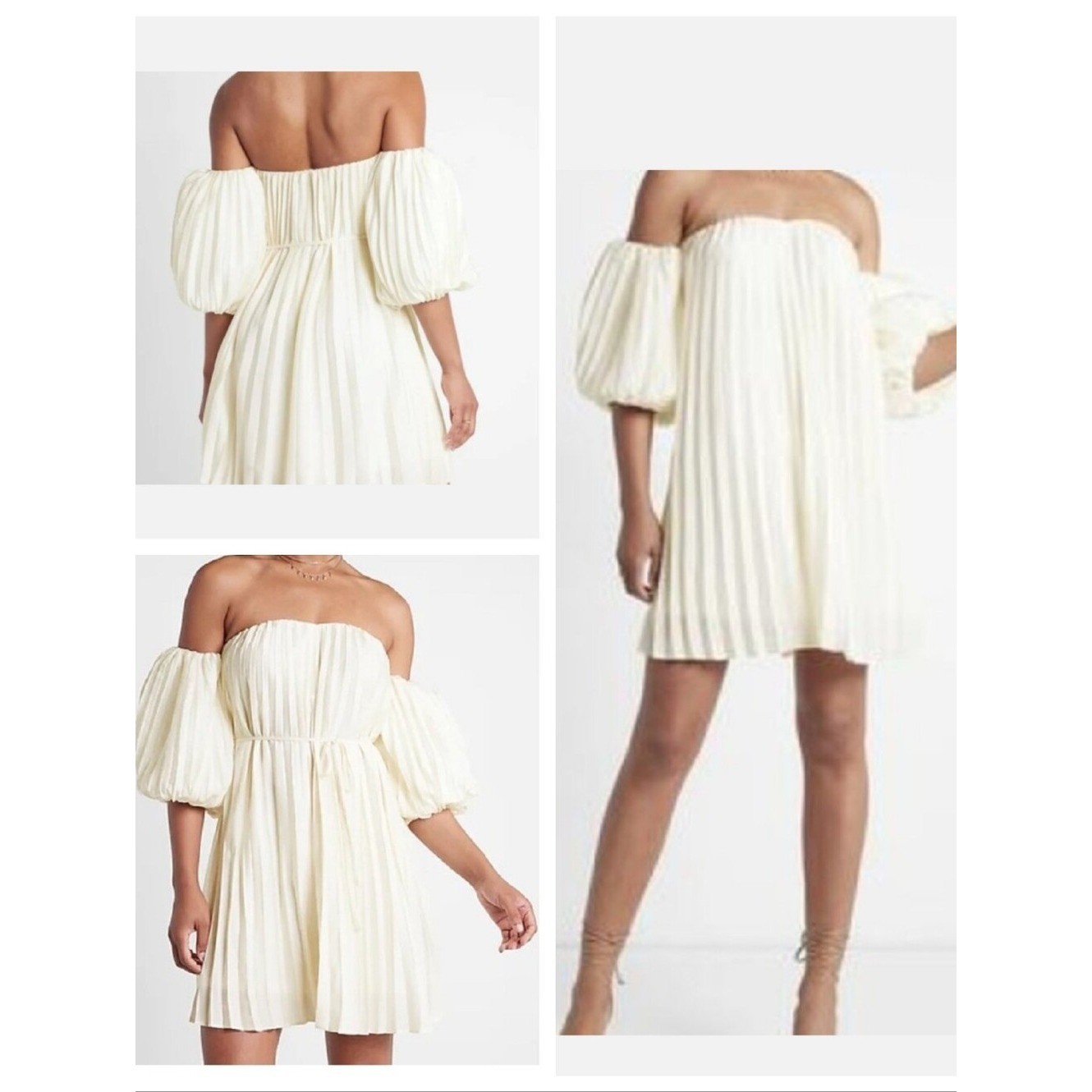Size XL NWT Express Off Shoulder Pleated Mini Dress Ivory Stretch Women’s