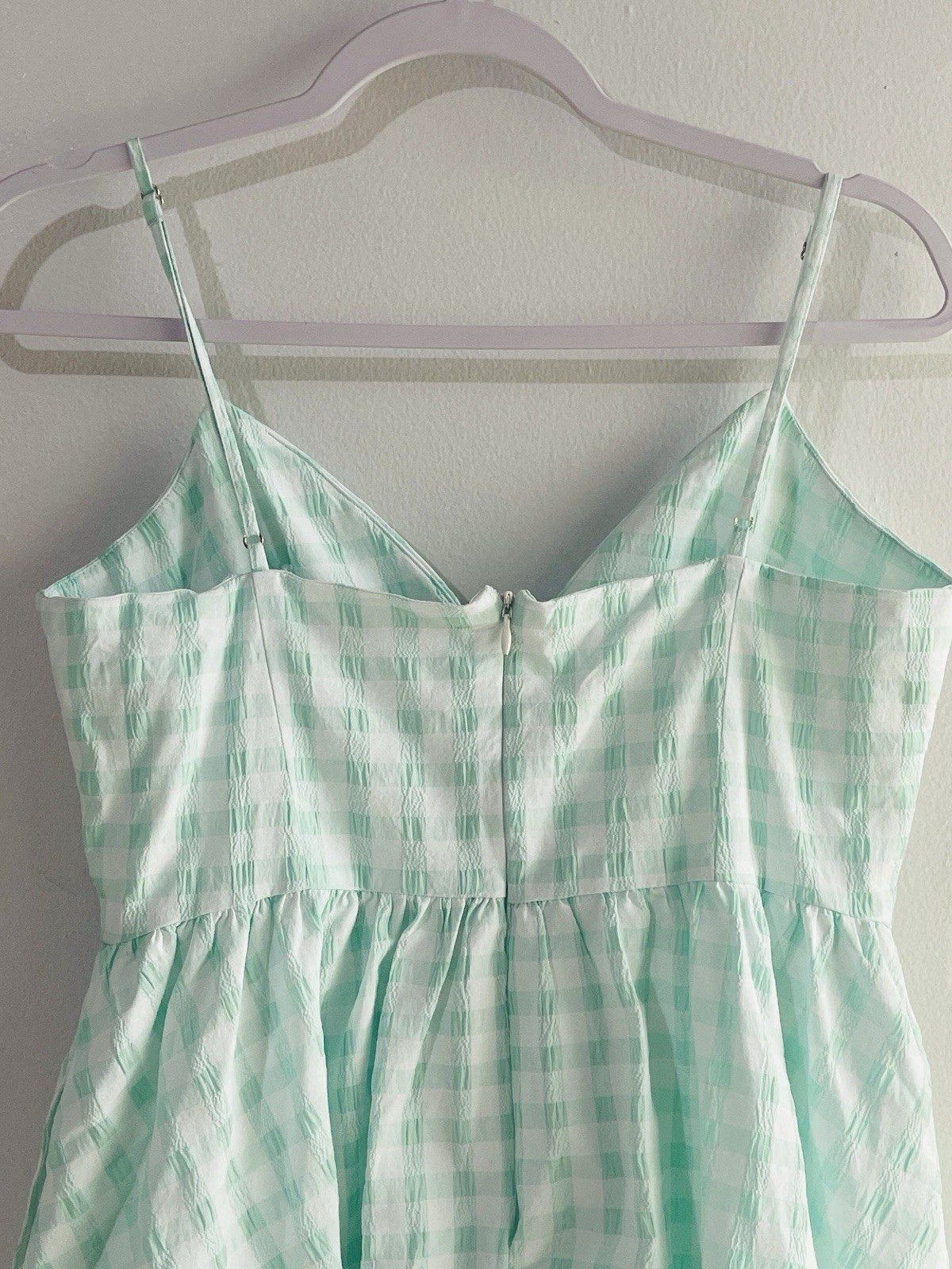 ZARA Mint Green Gingham Beaded Mini Dress M Seersucker Floral Bust Cami Pockets