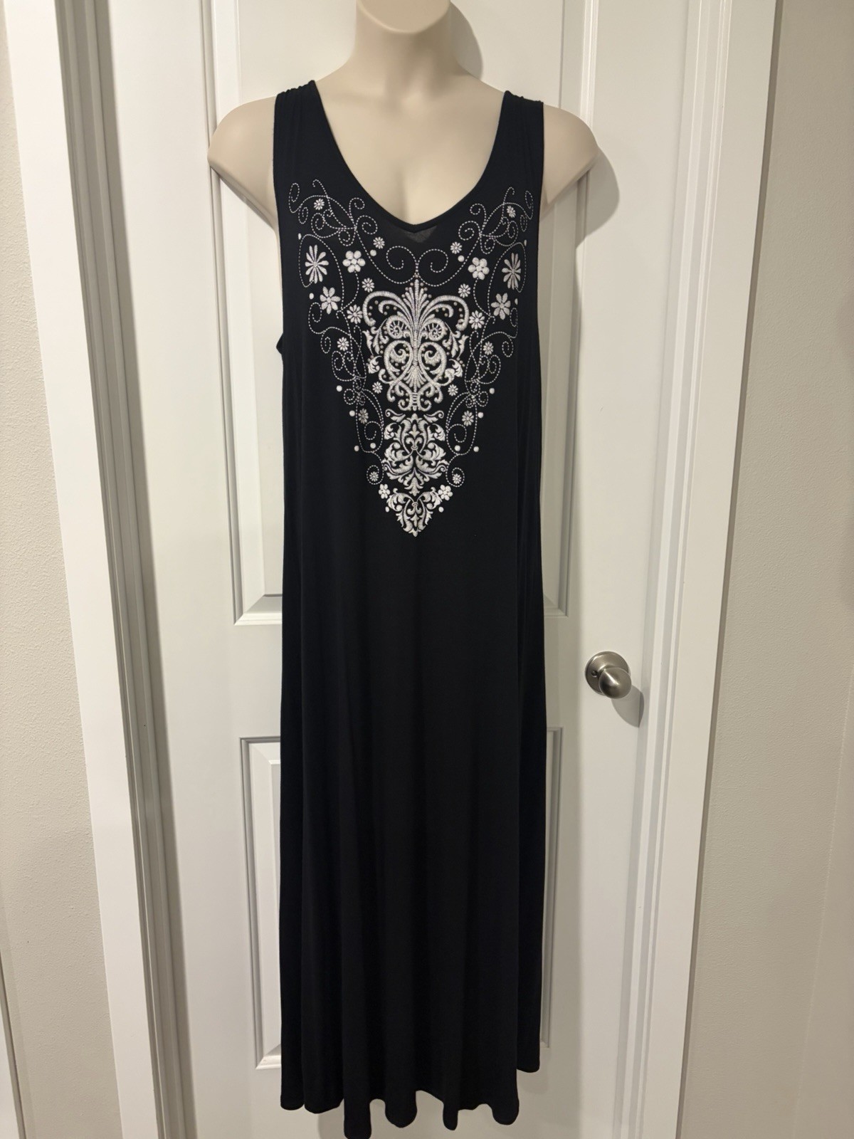 SJS Black Maxi Tank Dress~ 2X~Studded Embellished Scoop Nk Knit Beach Resort