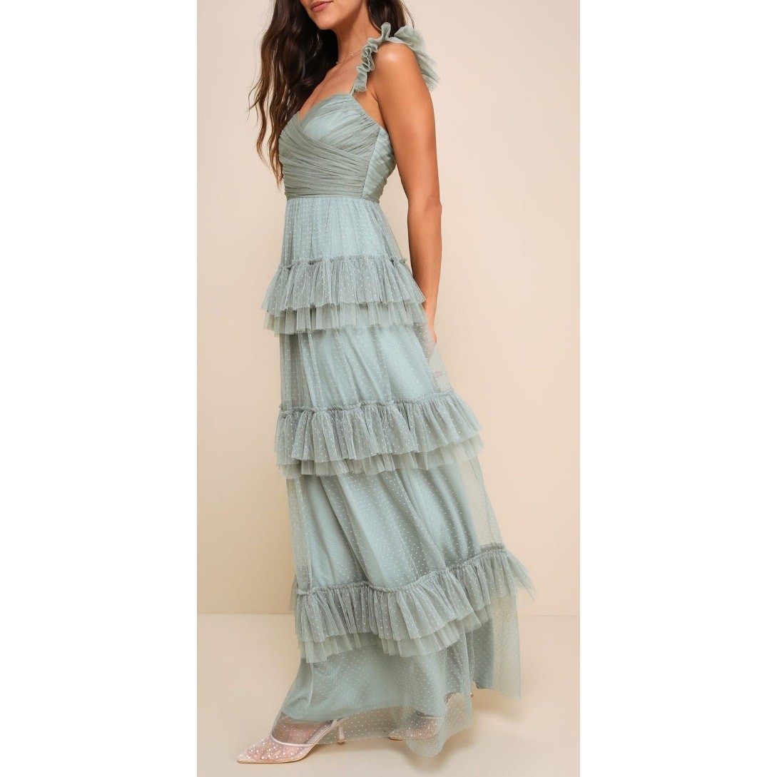 NWT Lulus Pure Radiance Sage Brush Mesh Swiss Dot Tiered Maxi Dress L