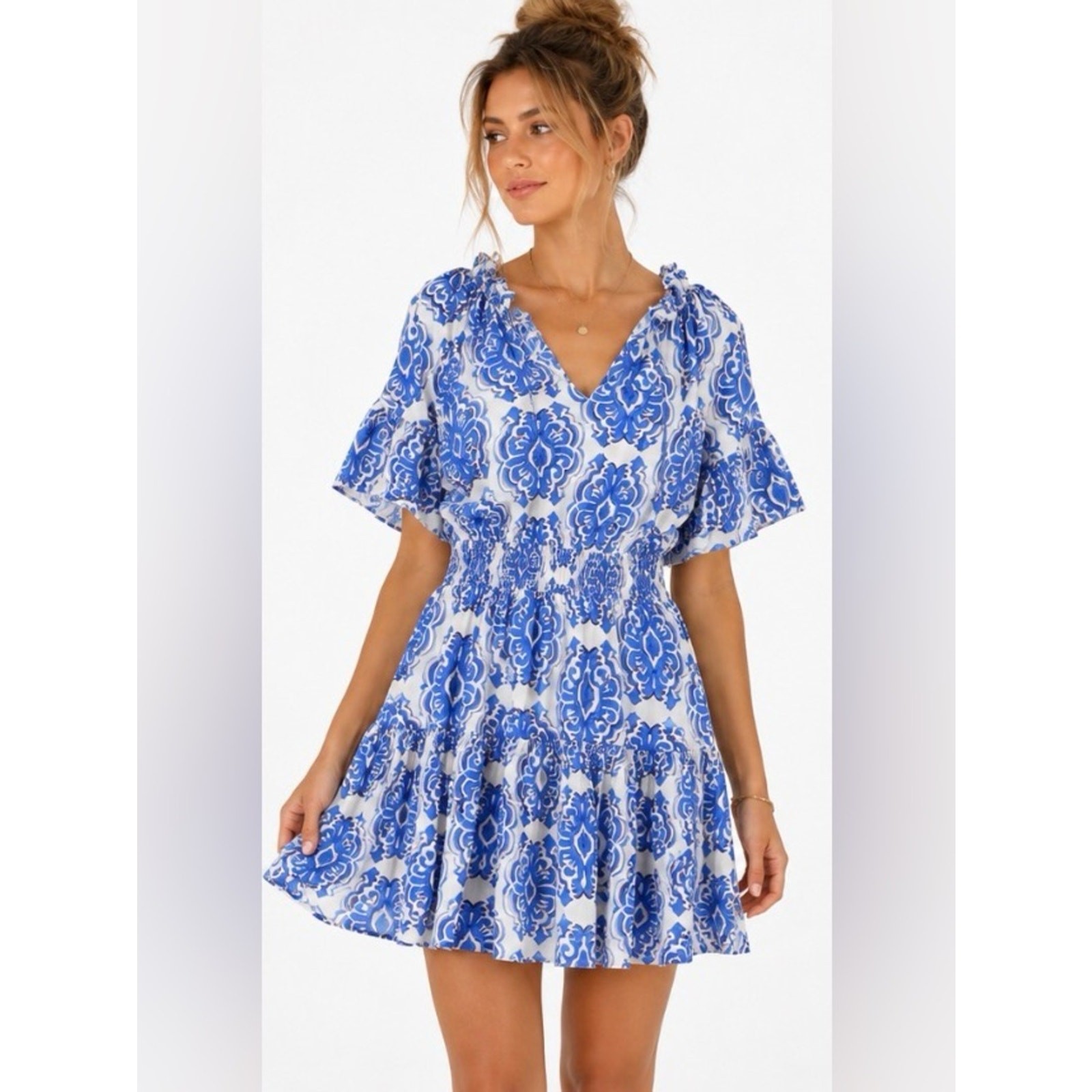 Entro Blue & White Medallion Print Smocked Mini Dress – Size Small