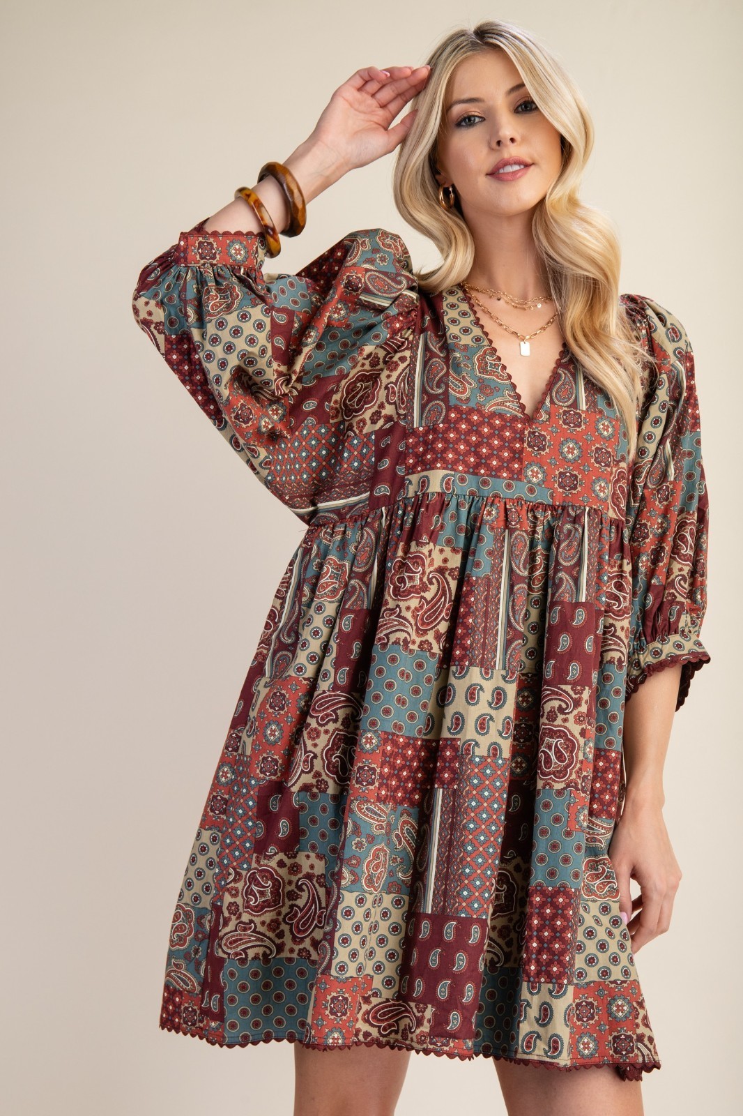 Gigio by Umgee Paisley Print Mini Dress with Puff Sleeve and Ric-Rac Trim