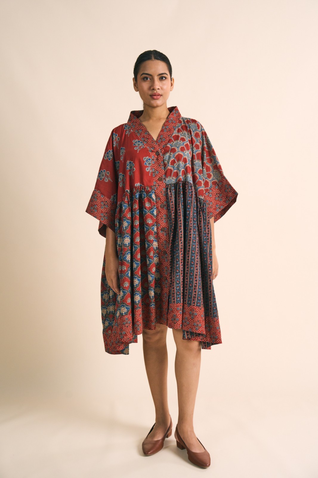 Patchwork Hand-Block Printed Cotton Kaftan Dress: Bohemian Red & Blue
