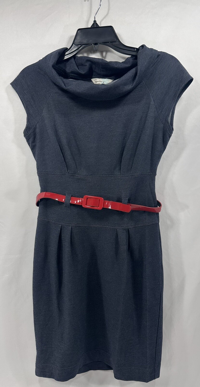 Speechless Dress Women’s Sz M Blue Short Sleeve Red Belt Pleated Mini