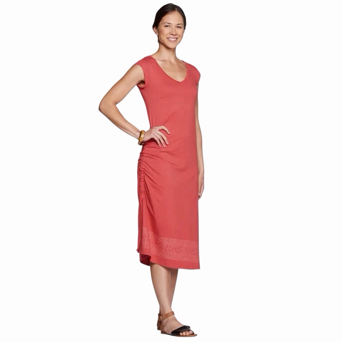 Toad & Co Muse Coral Midi Dress Womens Size M Organic Cotton Modal Ruched Casual
