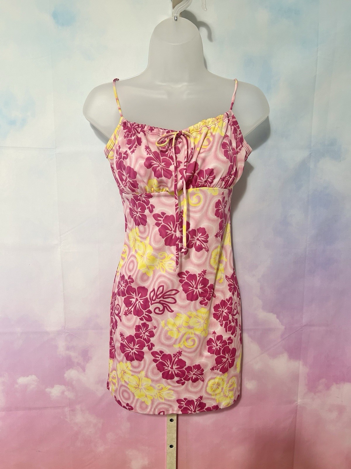 Y2K Vintage Rocket Candy Pink & Yellow Hawaiian Swirl Mini Dress- XS