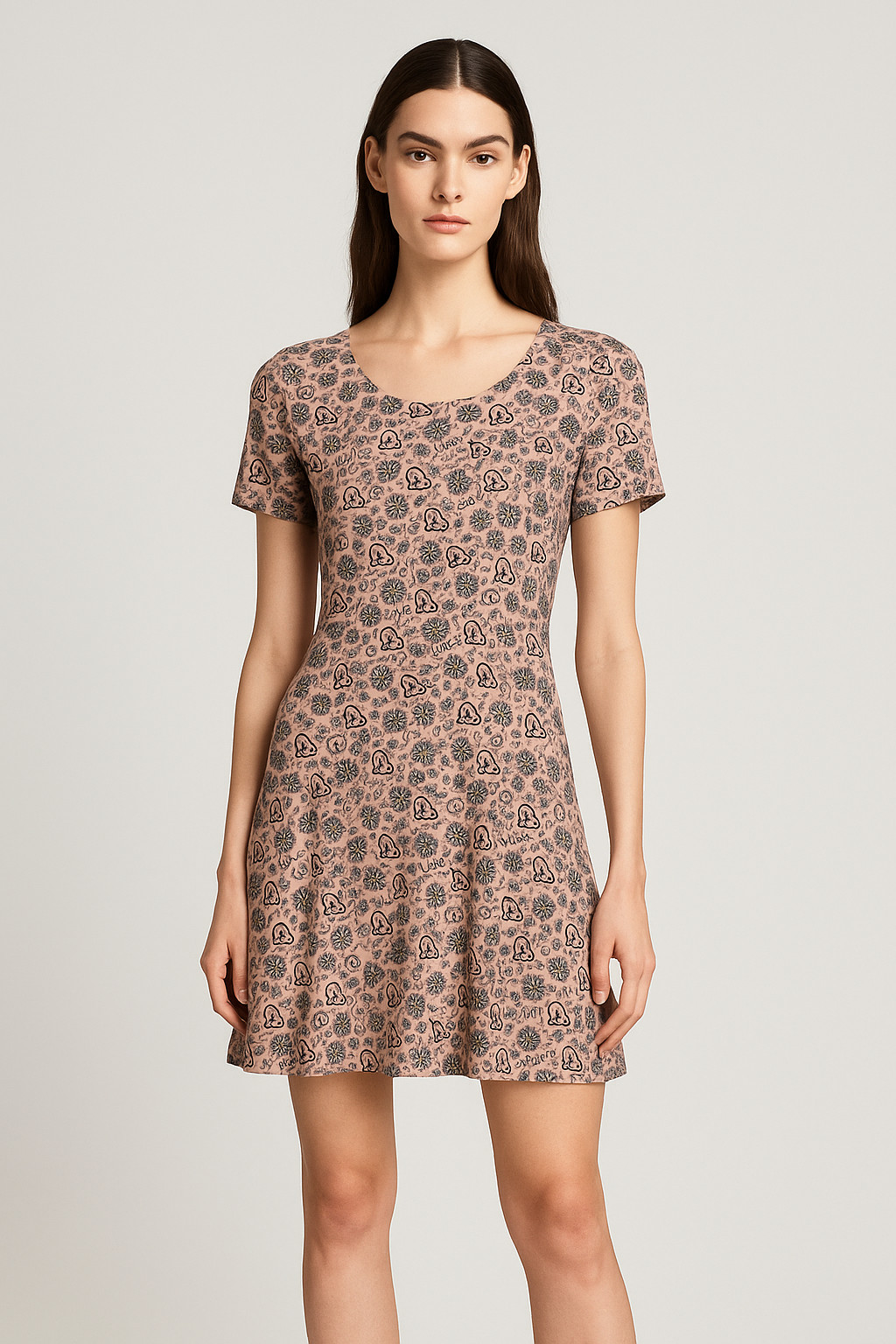 SANDRO Dress 40 Silk Whimsy PEACE Sign LOVE Heart FLORAL DOVE Print MINI LACE UP