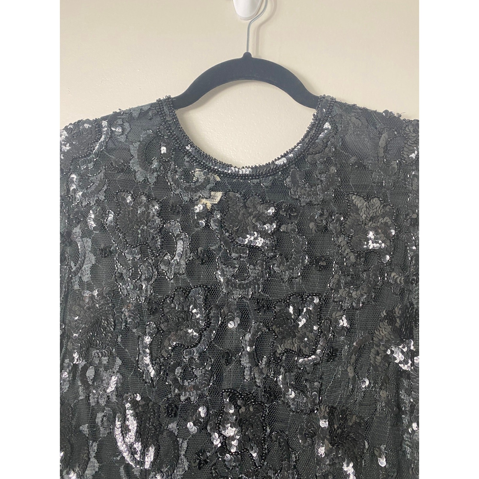 VINTAGE JUDITH ANN DRESS M BLACK SEQUIN BEADED TIERED RUFFLE SHEER MESH LACE