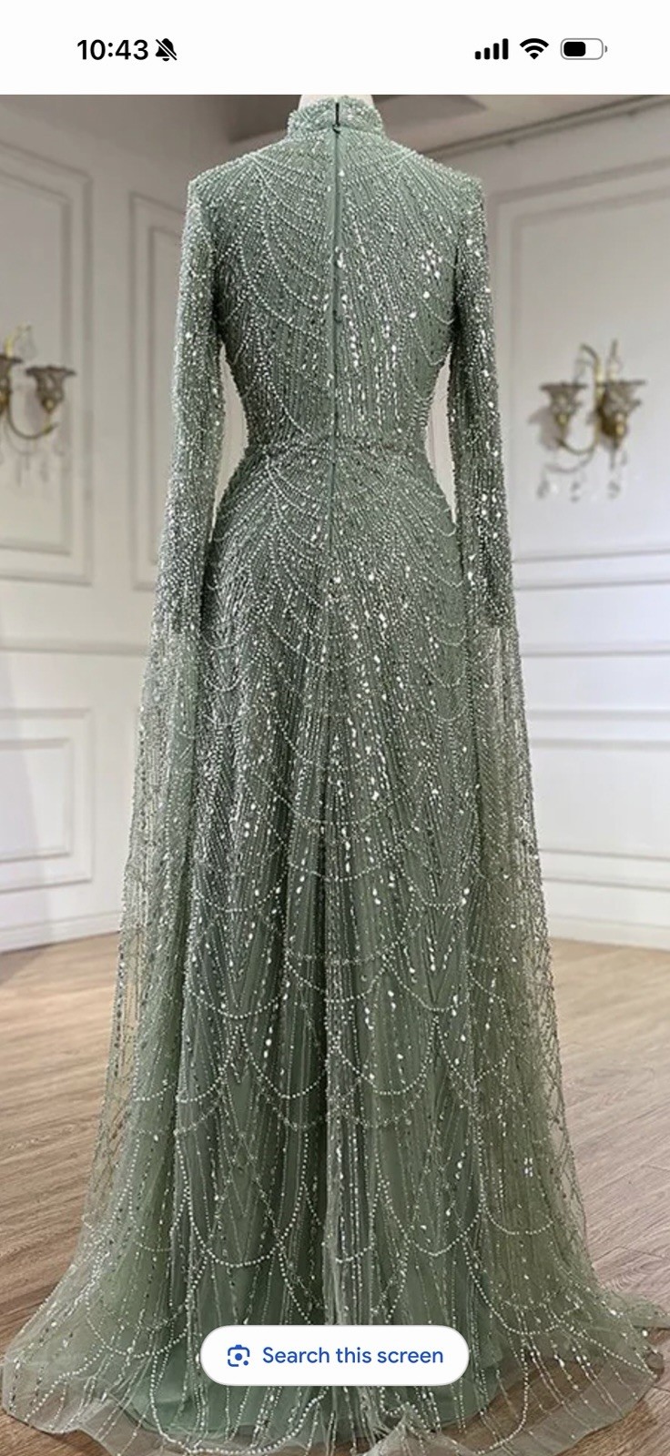 Green Mesh Beaded Sequin High Neck Long Sleeve Lined Gown Zip XL