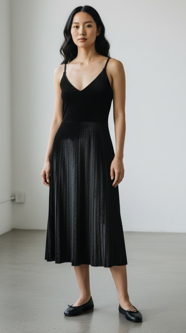 Free Press Black Pleated Midi Dress Size XS Low Back Spaghetti Strap Fit & Flare