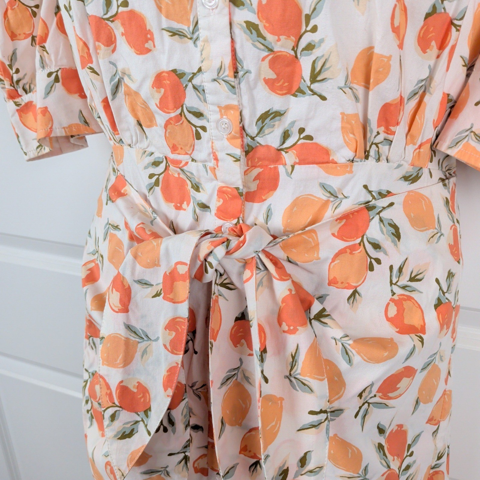 Karlie Womens Orange Lemon Citrus Print Puff Sleeve Tie Waist Teacher Cottage