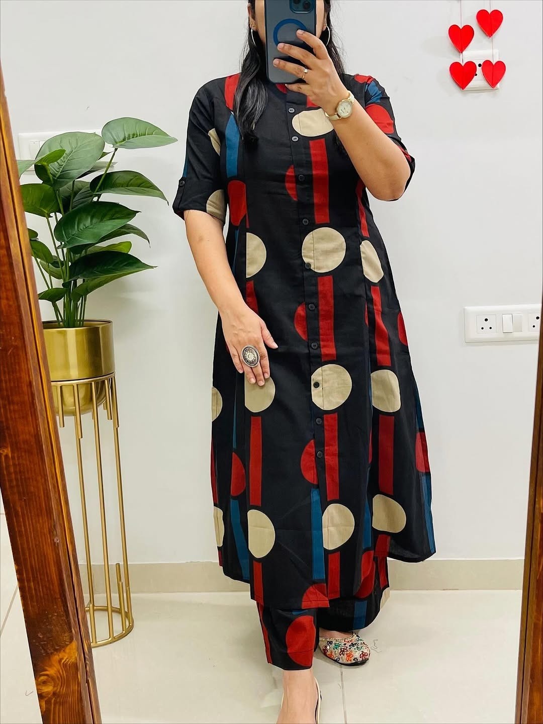 Women Black Cotton Flex Kurta Palazzo Set A Line Printed Co Ord Ethnic Wear M-XX