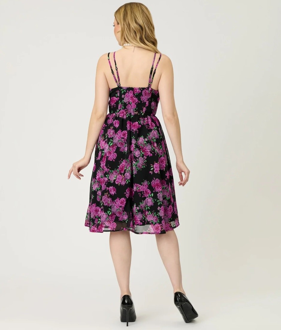 UNIQUE VINTAGE BLACK & PURPLE FLORAL REED SWING DRESS – NEW – REG AND PLUS SIZES