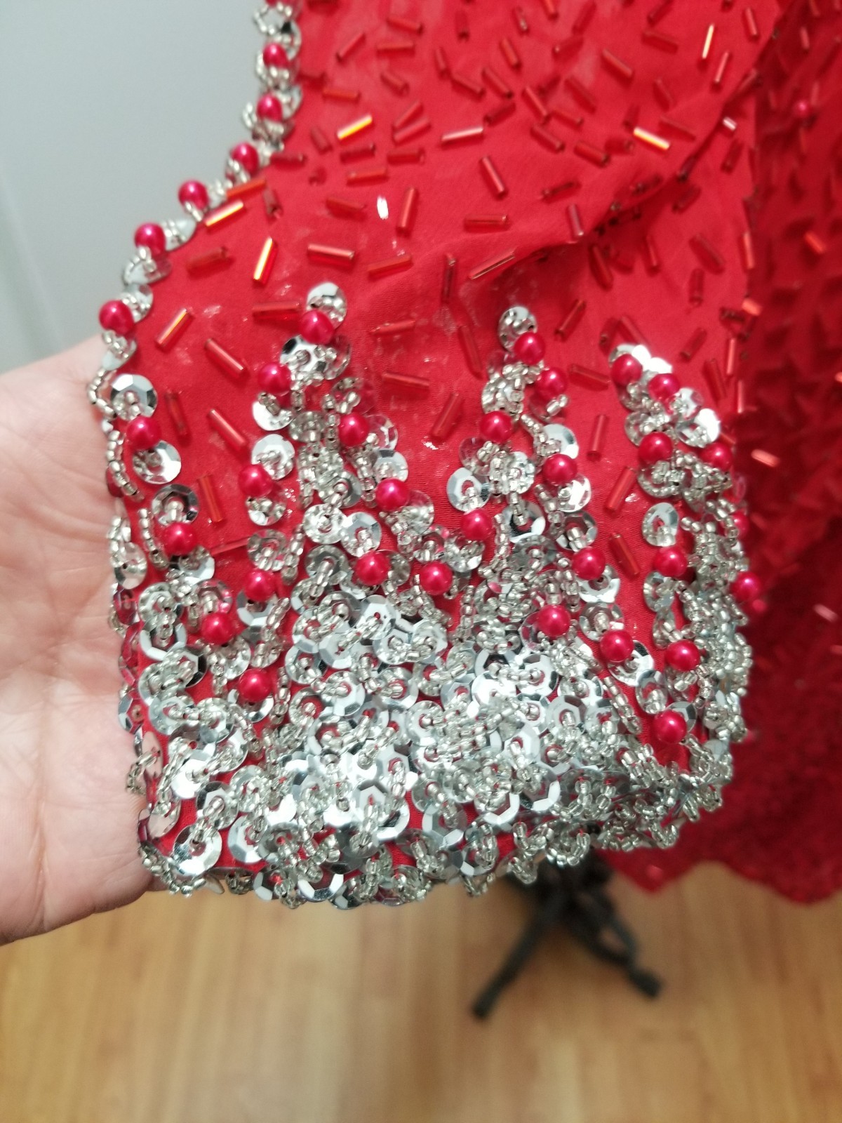 Red and silver beaded and Sequined long sleeve cocktail dress