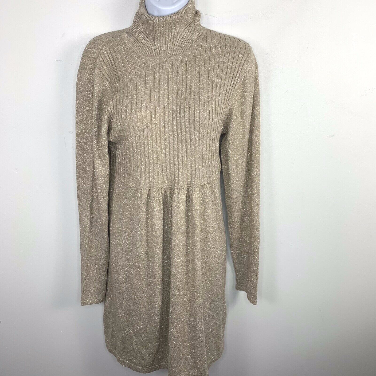 Apt 9 Turtleneck Dress Sz L Metallic Gold Knit Minimalist Fall Winter Casual