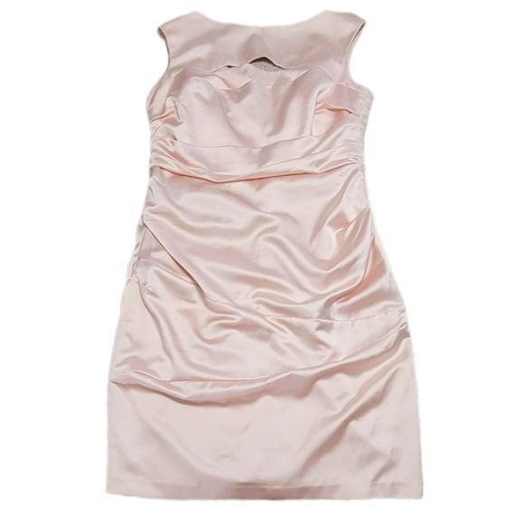 David’s Bridal Short Sleeve Petal Stretch Satin Knee Length Dress Sizes 12 & 14