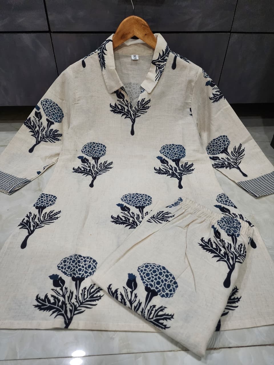 Women Off-White Cotton Flex Kurti Palazzo Set Printed Casual Tunic Indian Boho
