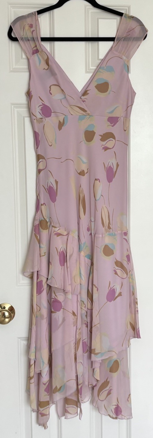 Max & Cleo Pink Floral Silk Chiffon Ruffle V-Neck Sleeveless Midi Dress 10
