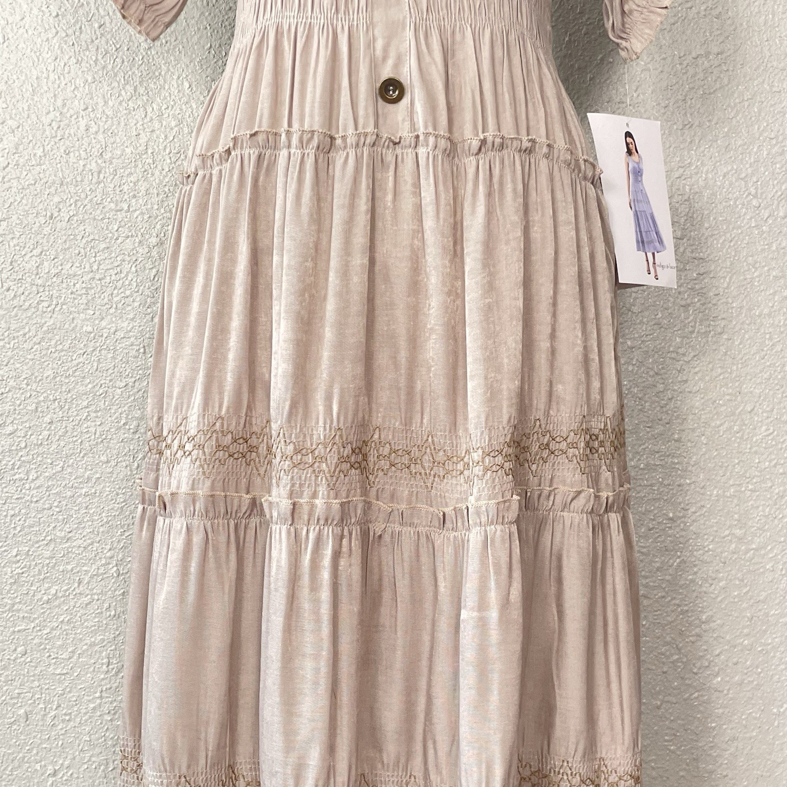 Indigo & Lace Milkmaid Maxi Dress Medium Taupe Tiered Resort Cottage Peasant