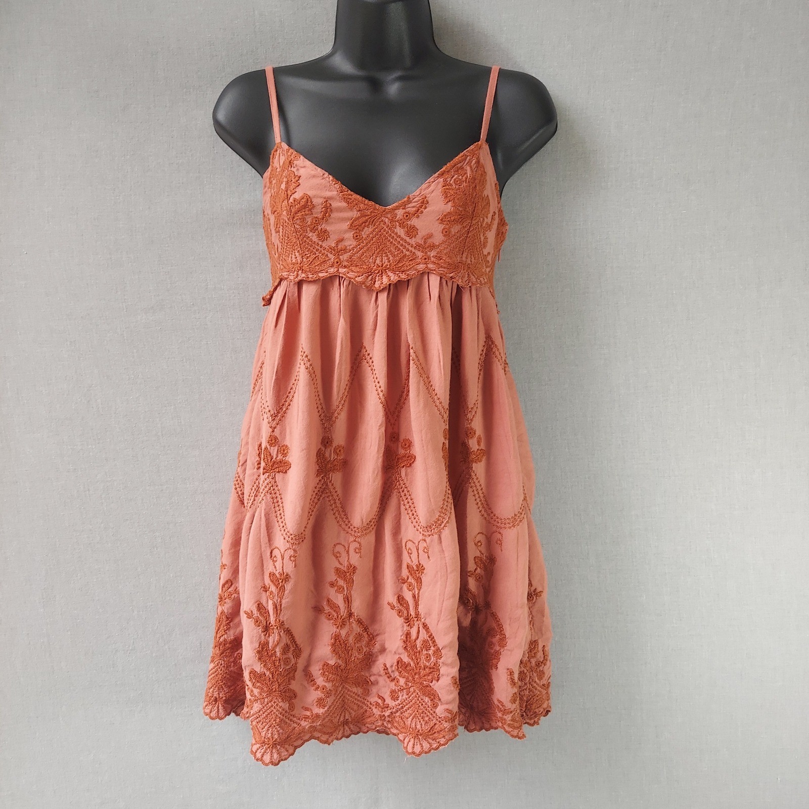 Urban Outfitters Embroidered Babydoll Mini Dress S Boho Cottagecore Terracotta