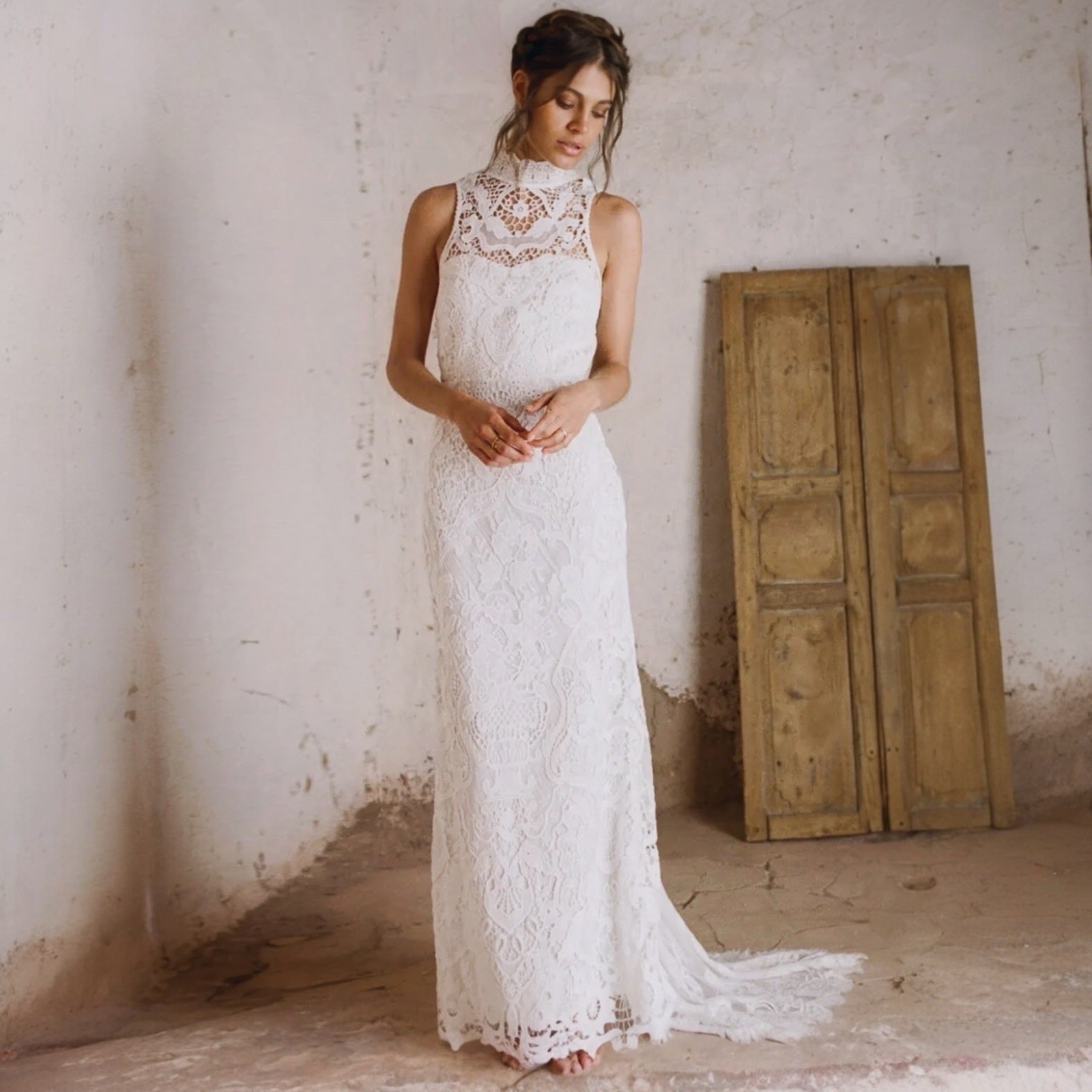 Spell Bride Edie Lace Maxi Gown Size XS High Neck Open Back Bridal Dress Train