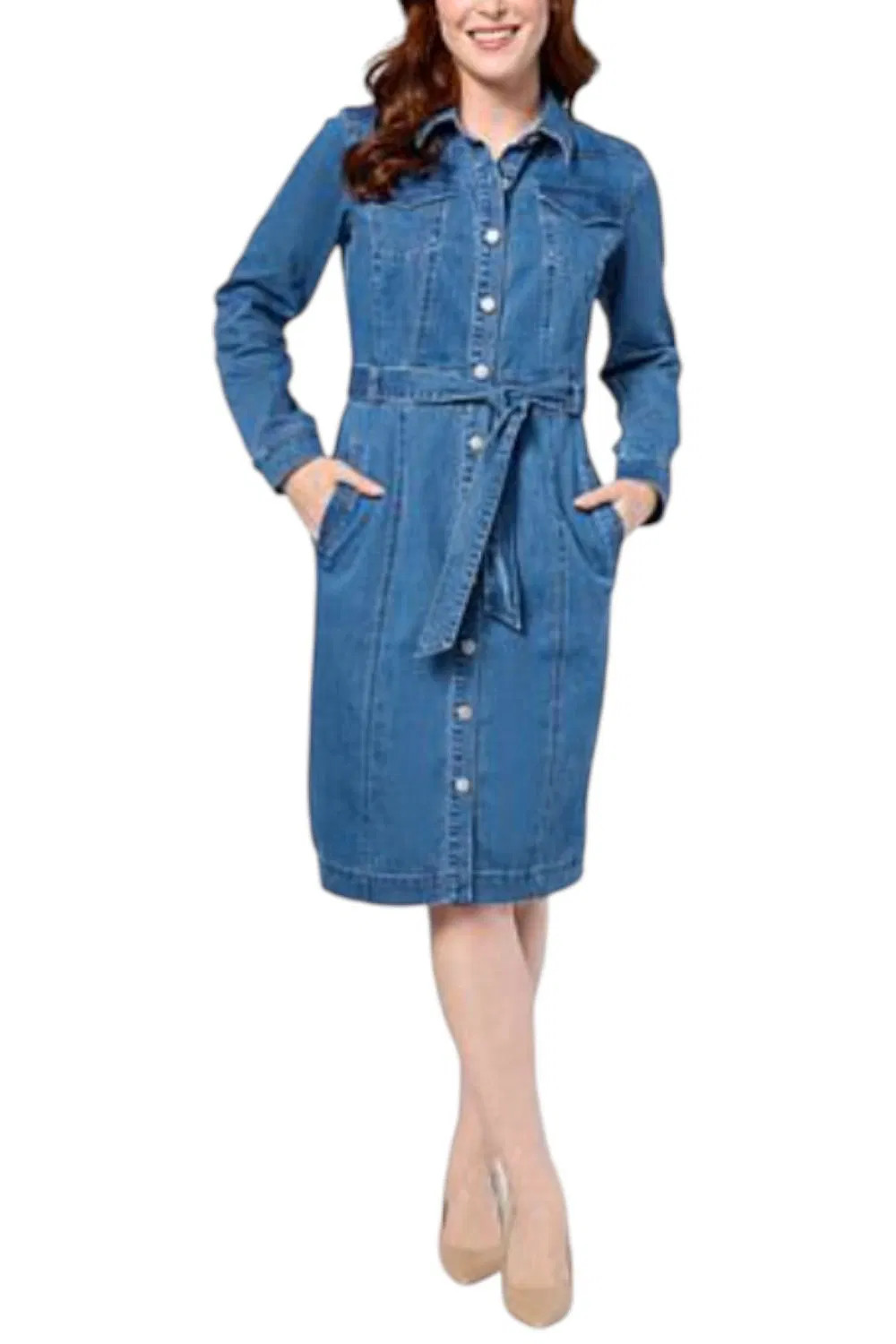 G by Giuliana Women’s Long-Sleeve Belted Denim Shirt Dress Medium Wash