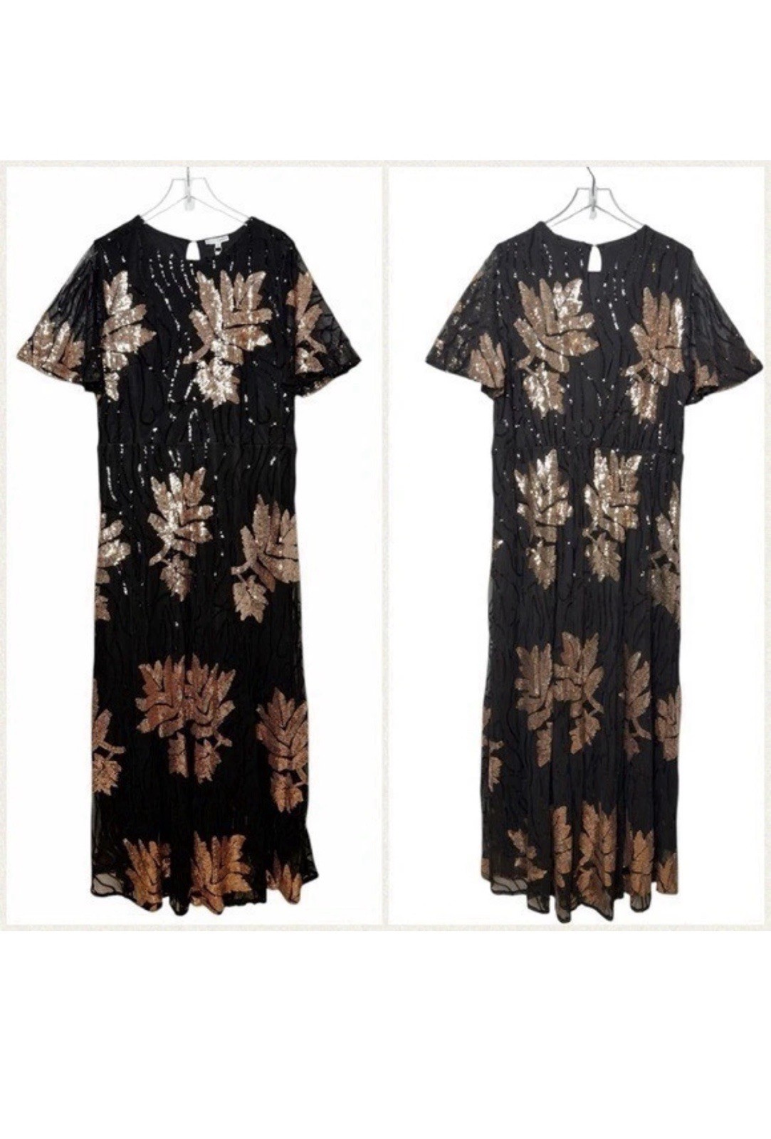 Baltic Born Sequin Floral Mesh Maxi Dress Black/Gold Flutter Sleeve Sz 3XL
