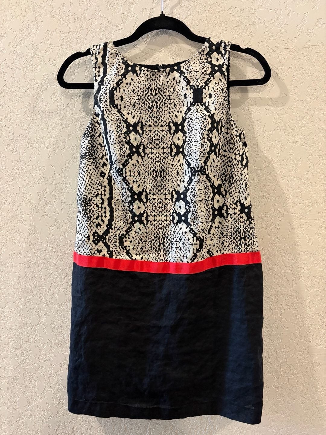 LOFT Sleeveless Snakeskin Print Linen Blend Dress with Red Ribbon Trim