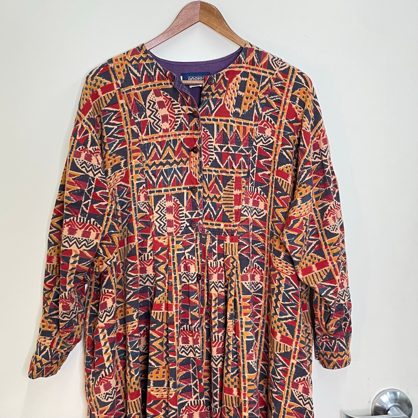 Anokhi India Multicolored Geometric Print Long Sleeve Oversized Midi Dress Sz 14
