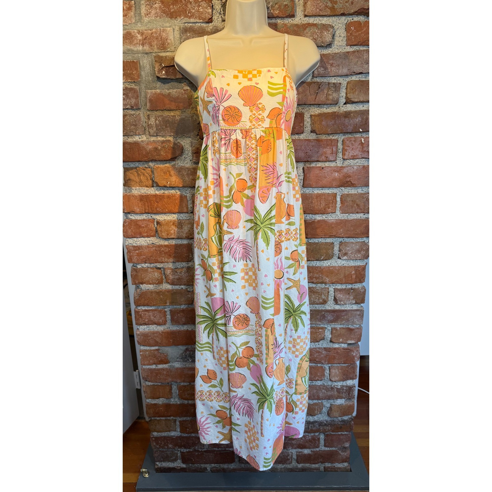 Japna Tropical Cotton Maxi Dress XS Orange Pink Palm Tree Shell Print Smocked
