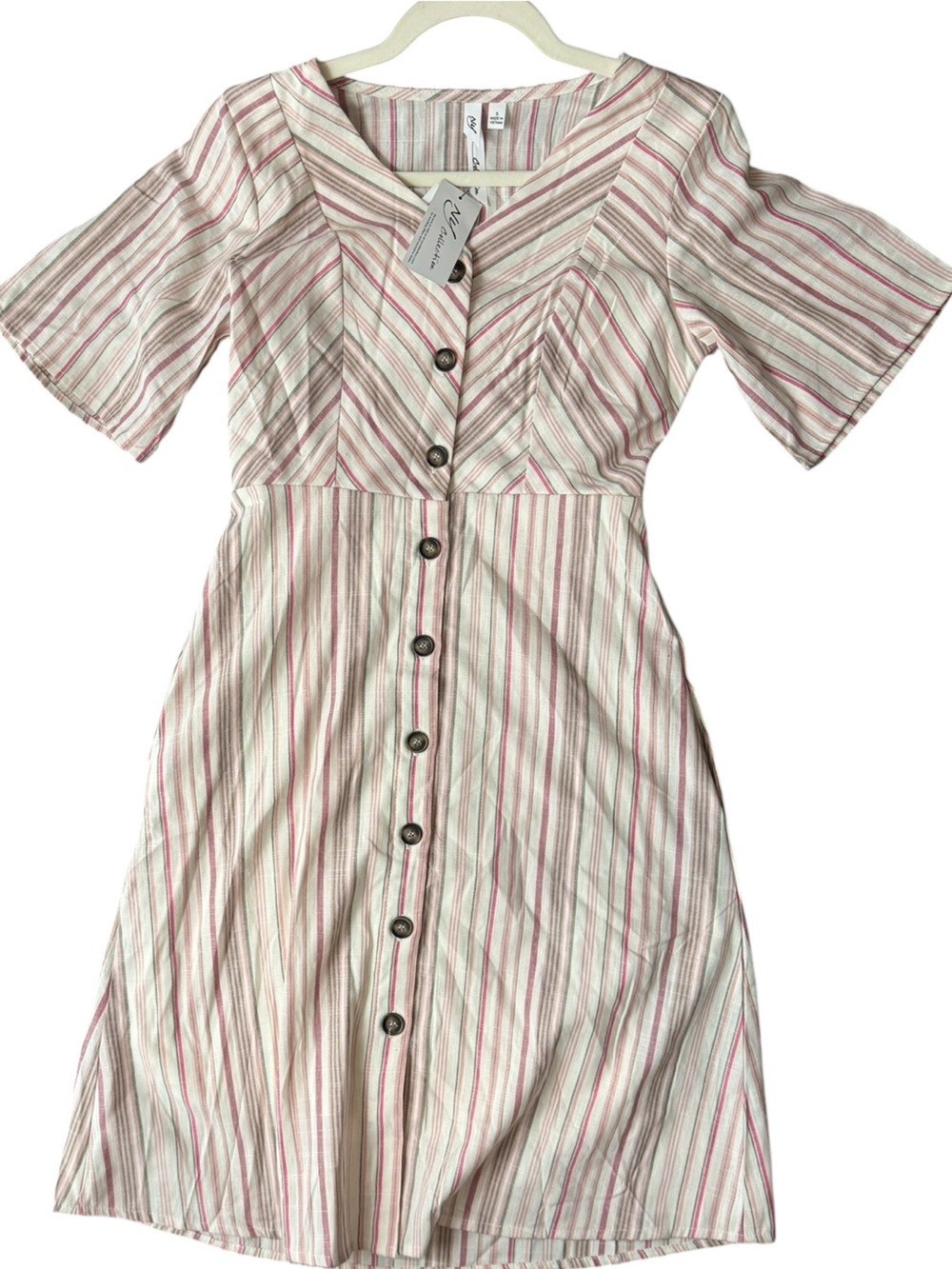 NWT Sleeveless Button Front Linen Blend Striped Dress Top in Pink & Cream