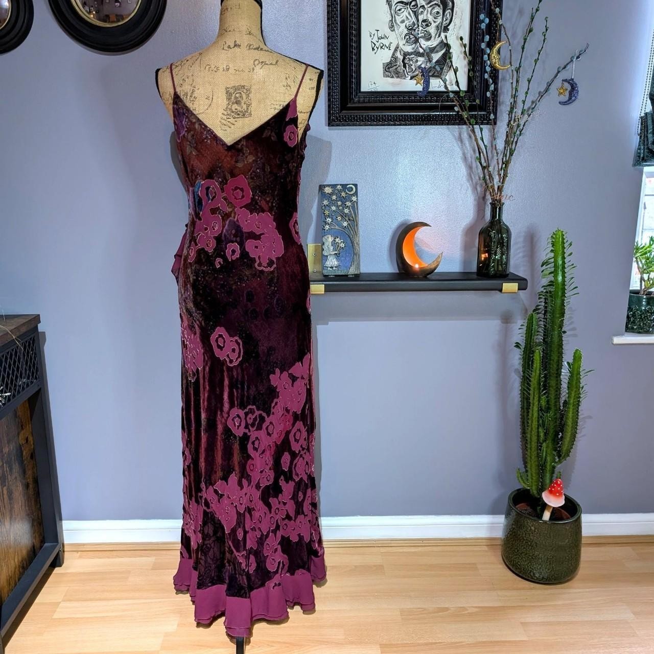 Vintage 90s Monsoon Burgundy & Purple Velvet Devore Midi Dress