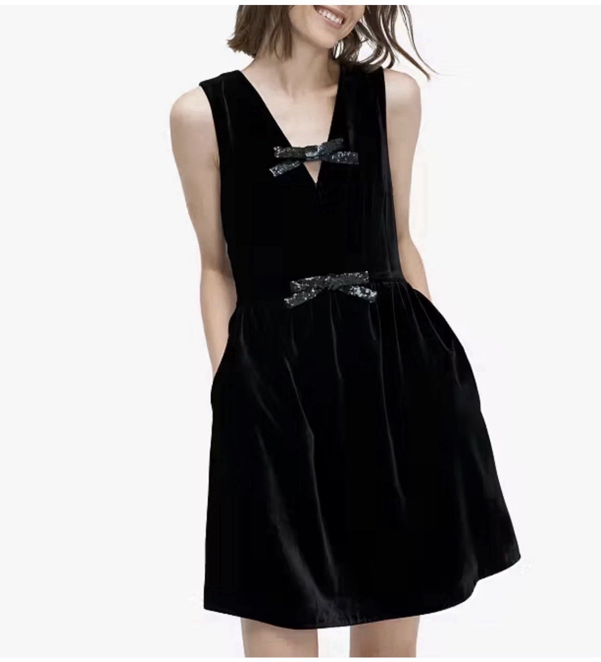 KATE SPADE SEQUIN BOW BLACK VELVET DRESS W/POCKETS SIZE 12 NWT LINED