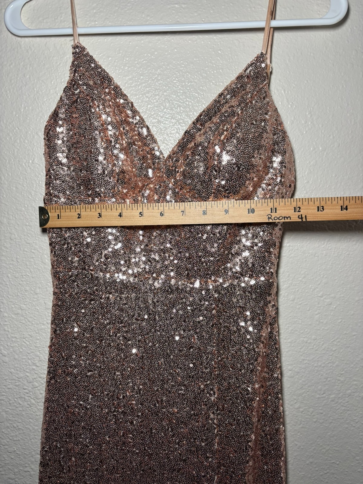 B Darlin Copper Sequin Spaghetti Strap Formal Gown Slit 5/6 Prom *Sm Flaw.