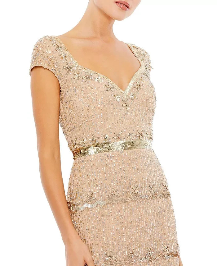 Mac Duggal Nude Beige Gold Cap Sleeve Embellished Column Gown Size 10 $698