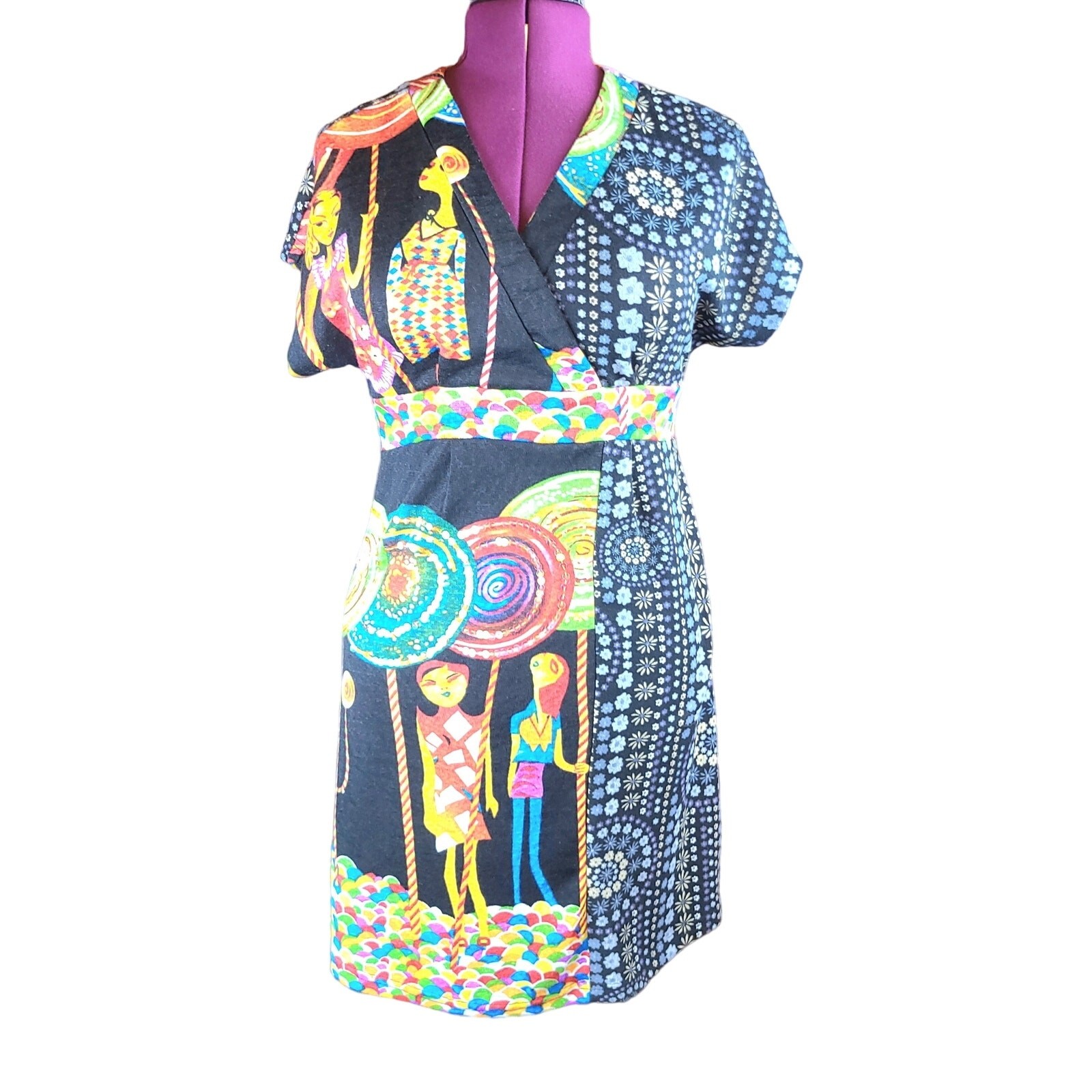 Forla Paris Graphic Print Dress Size Large Retro 100% Cotton Artsy Art To Wear