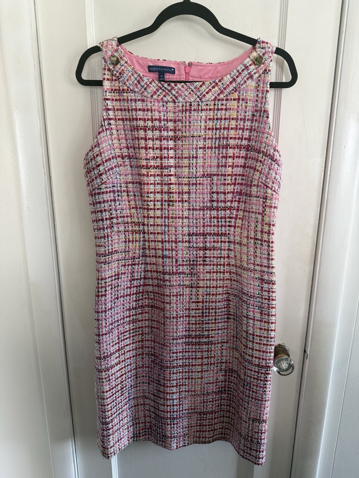 RSVP by Talbots Ribbon Tweed Shift Dress 10 Pink Gold Party Preppy Office Work