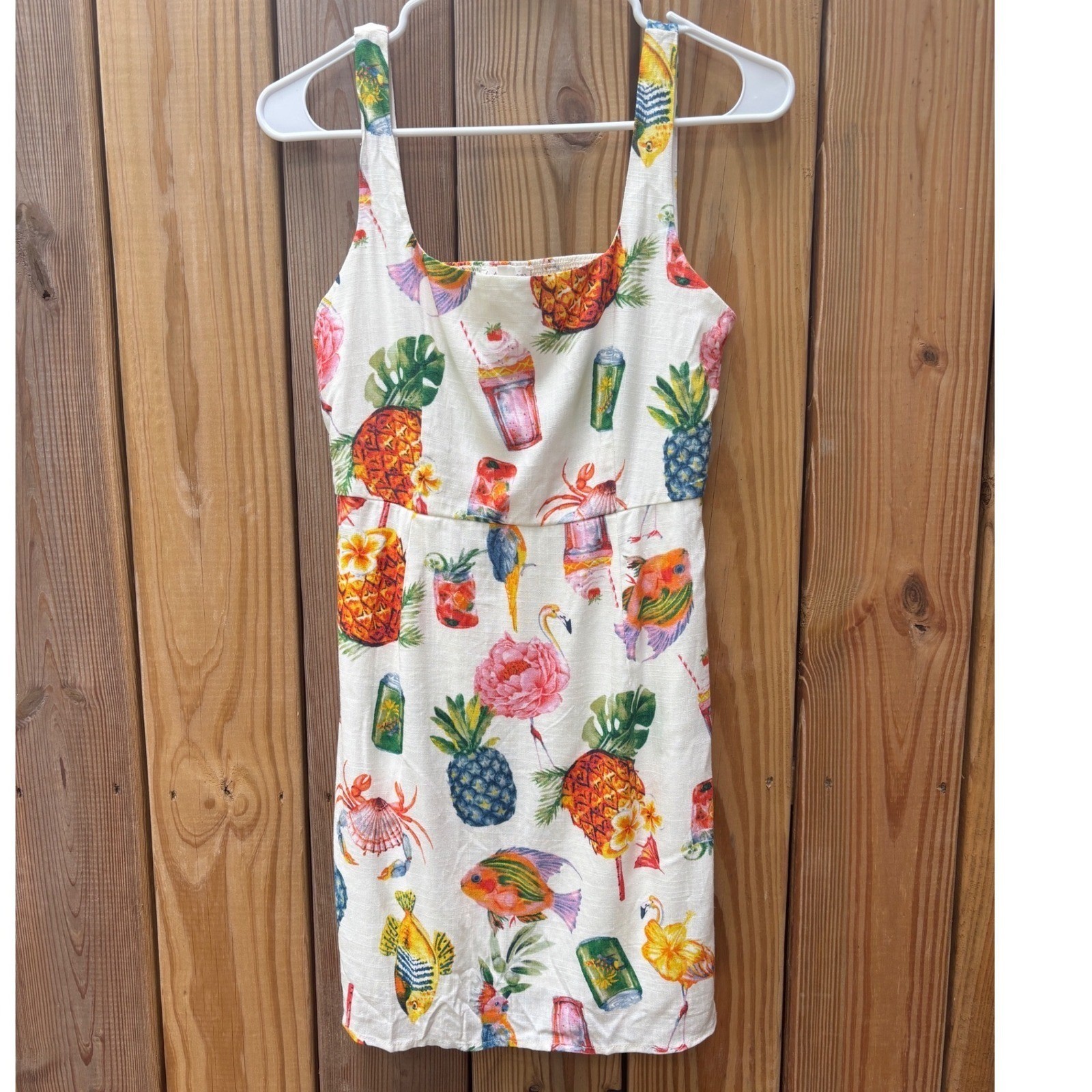 By The River Tropical Pineapple Flamingo Mini Dress White Rayon Linen Small