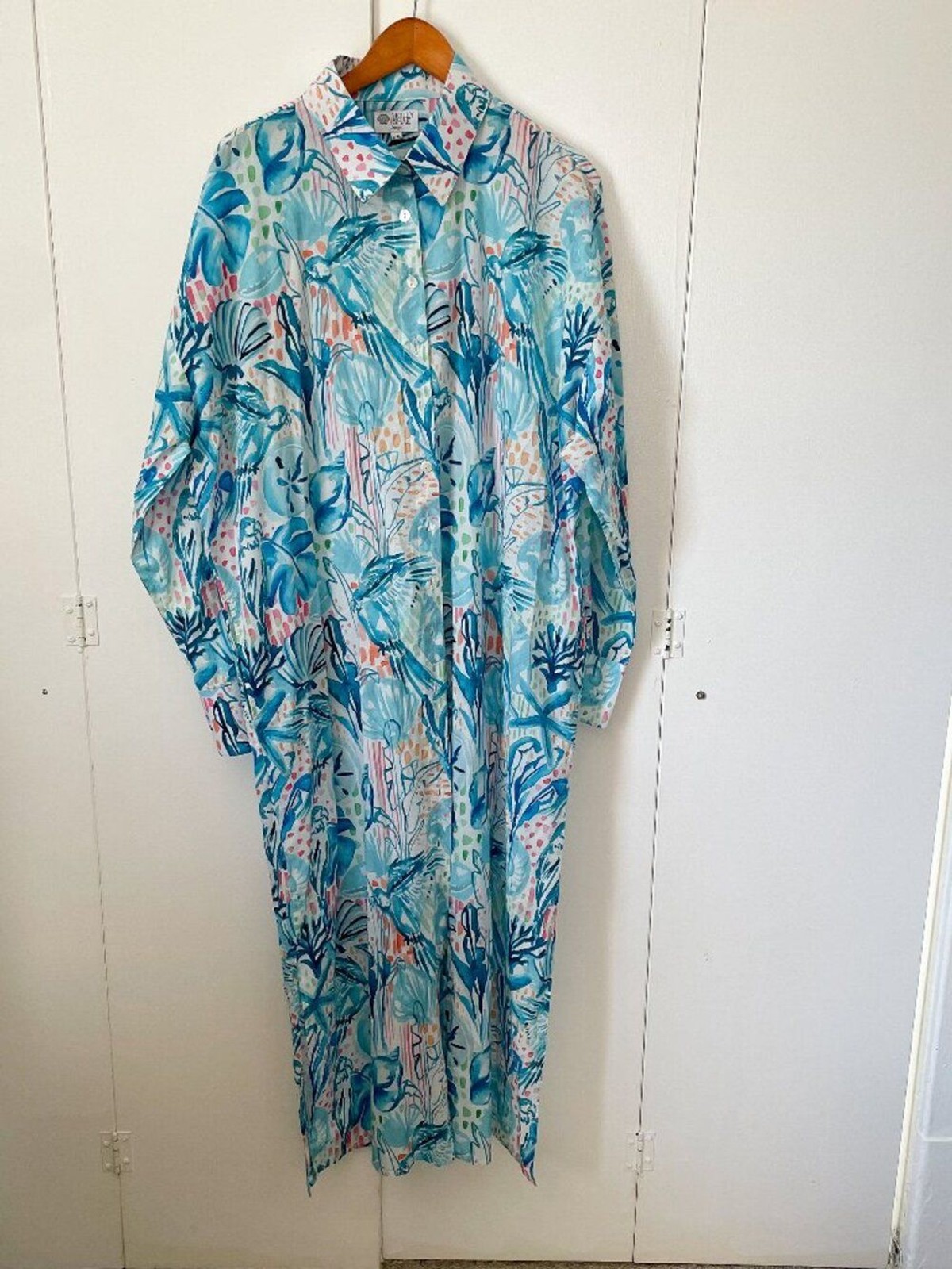 Holly Shae Arden Maxi Dress Coastal Print Blue Shells Parrots Palms, Sz L / XL