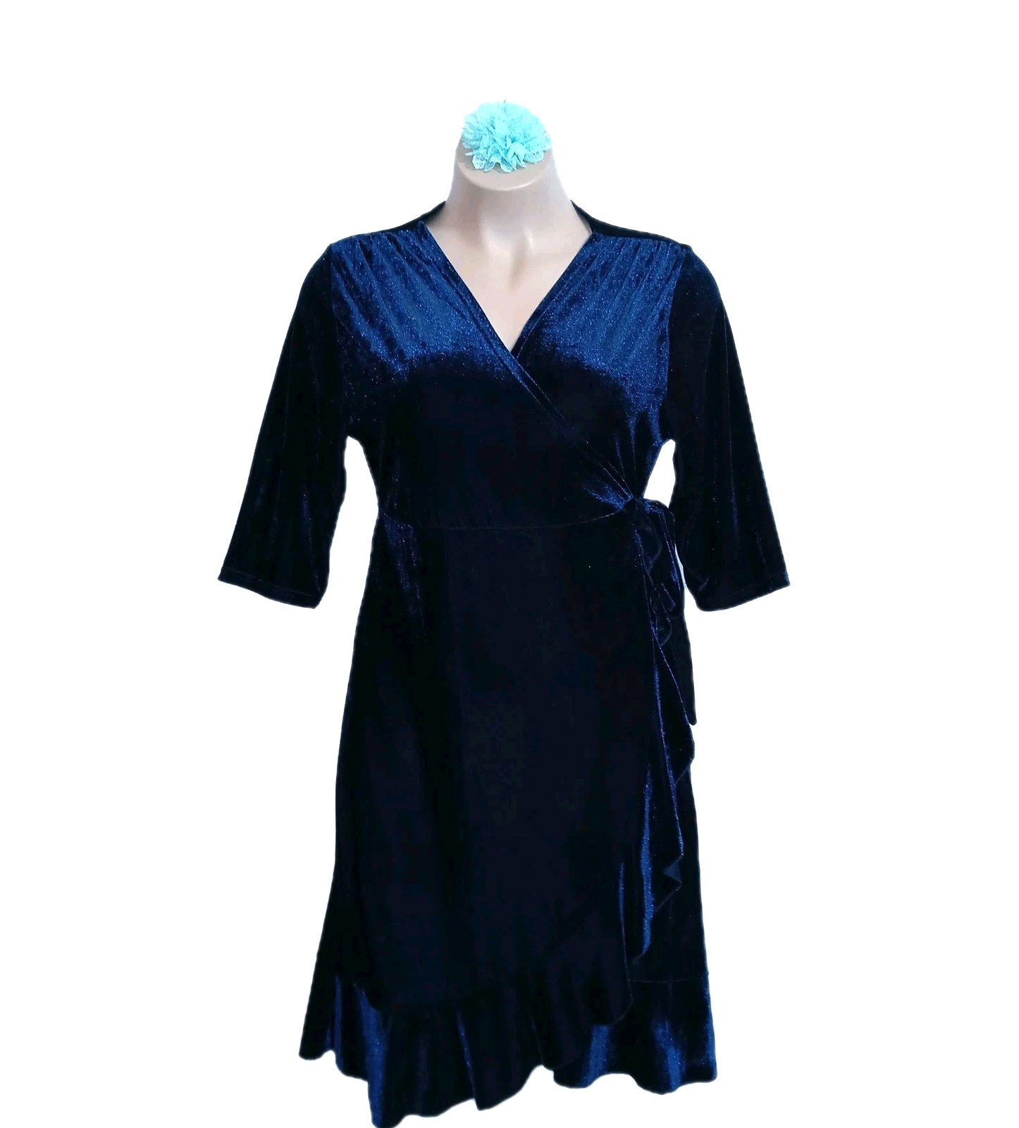 Velvet Velour Wrap Dress Women 2XL Blue Ruffle Classic Holiday Party Minimalist
