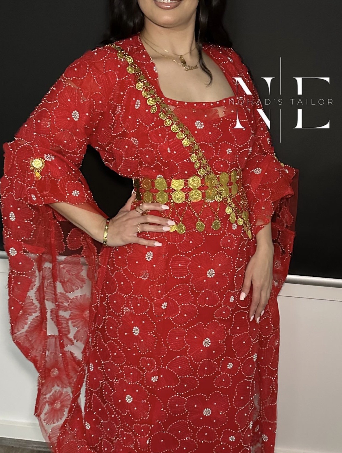 Red and white floral Kurdish Gown (Jilli Kurdi)