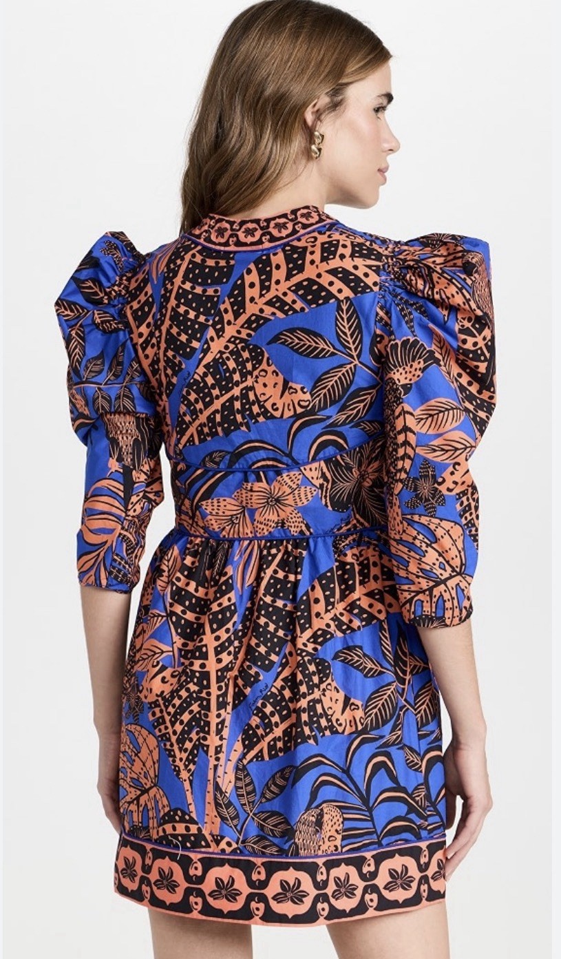 FARM RIO Tropical Gold 3/4 Sleeve Mini Dress Blue Orange Size XL